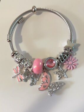 Pink Charm Cable Bracelet with Silver Accents